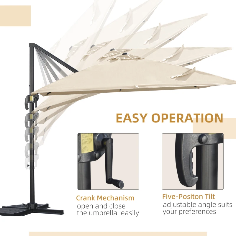 Outsunny 2.7 x 2.7 m Cantilever Parasol - Square Overhanging Umbrella with Cross Base, Crank Handle, Tilt, 360° Rotation and Aluminium Frame, Cream White