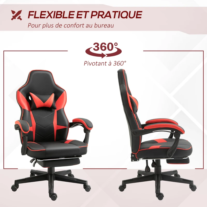 Vinsetto Fauteuil gaming gamer chaise de bureau ergonomique pivotante 360 ° hauteur dossier réglables repos-pieds rétractable 68 x 68 x 126 cm noir rouge