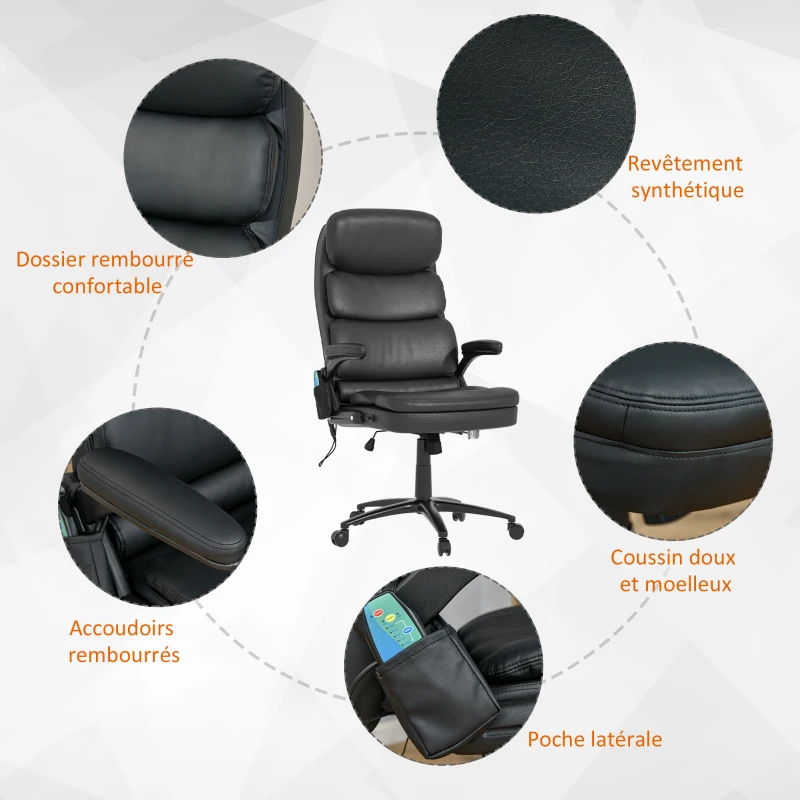 Vinsetto Fauteuil de bureau massant fauteuil bureau ergonomique grand confort hauteur réglable dossier inclinable télécommande filaire pivotante 360° noir