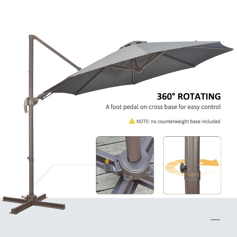 Outsunny 3(m) Cantilever Parasol with 360° Rotation Roma Umbrella, Hanging Sun Shade with Aluminium Frame, Tilt Crank, 8 Ribs and Cross Base, Dark Grey
