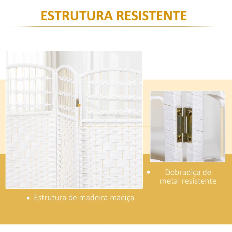 HOMCOM Biombo de 4 Painéis Dobrável Separador de Ambientes de Corda de Papel e Estrutura de Madeira 60x170 cm Branco