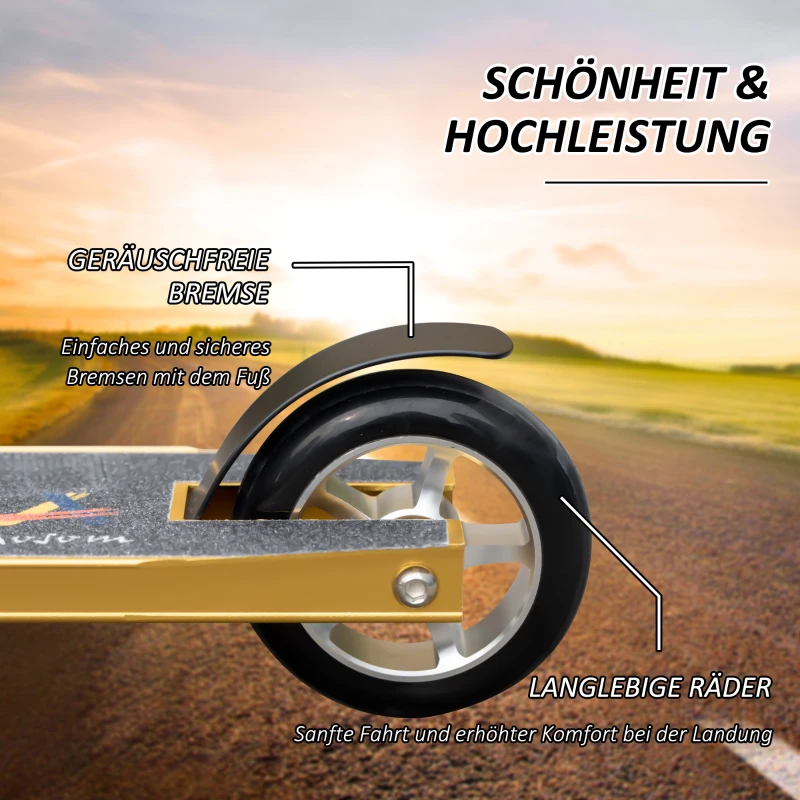HOMCOM Stunt Scooter für Kinder 360° Lenkung über 14 Jahre alt Kick Scooter Fun Scooter mit Deck Gummigriffe Hinterradbremse ABEC-7 Kugellagern Aluminium 100mm PU Räder Gold 65 x 48,5 x 83 cm