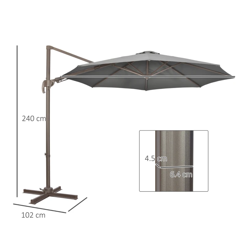 Outsunny 3(m) Cantilever Parasol with 360° Rotation Roma Umbrella, Hanging Sun Shade with Aluminium Frame, Tilt Crank, 8 Ribs and Cross Base, Dark Grey