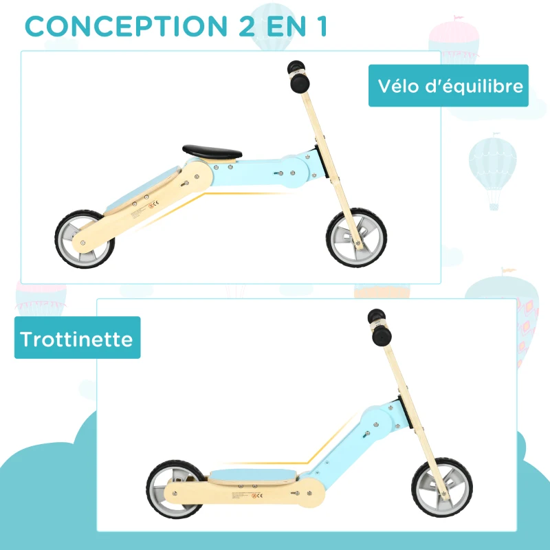 AIYAPLAY Draisienne Trottinette enfants vélo d'équilibre 2 en 1 évolutive 18 Mois à 3 Ans effet bois Charge Max. 30 kg Bleu
