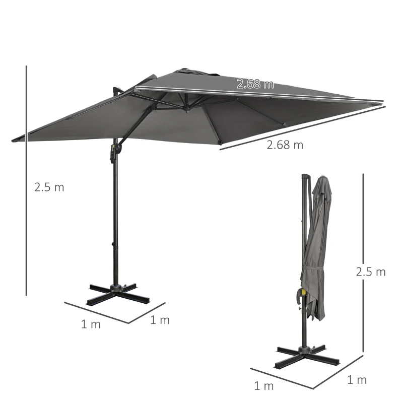 Outsunny 2.7 x 2.7 m Cantilever Parasol - Square Overhanging Umbrella with Cross Base, Crank Handle, Tilt, 360° Rotation and Aluminium Frame, Dark Grey