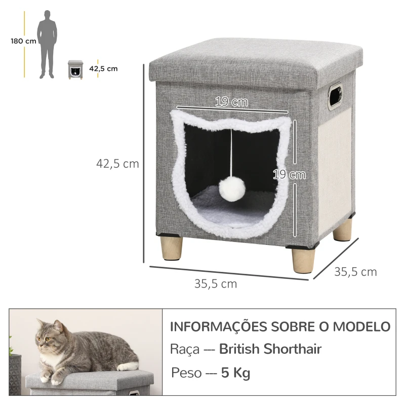 PawHut Casa para Gatos 2 em 1 com Apoio para os Pés com Almofada Amovível e Almofada para Arranhar 35,5x35,5x42,5 cm Cinza