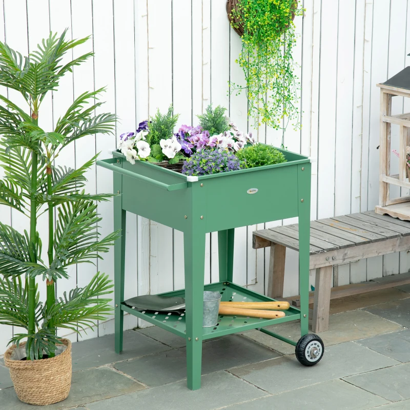 Outsunny Horta Vertical Elevada com Rodas de Aço Galvanizado com Prateleira e Alça Lateral 64x55x79 cm Verde