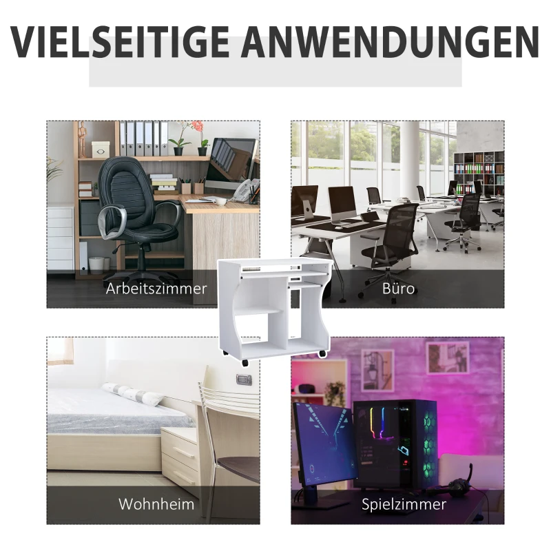 HOMCOM Schreibtisch mit Rollen 80 x 48 cm Computertisch Bürotisch mit Monitorständer, Tastaturablage, Ablage, PC Tisch für Home Office, Schlafzimmer Weiß