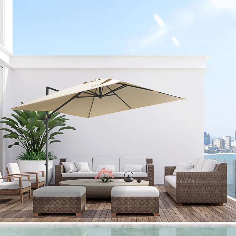 Outsunny 2.7 x 2.7 m Cantilever Parasol - Square Overhanging Umbrella with Cross Base, Crank Handle, Tilt, 360° Rotation and Aluminium Frame, Cream White