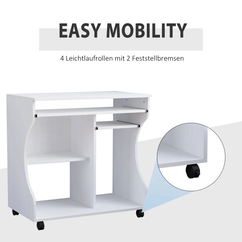 HOMCOM Schreibtisch mit Rollen 80 x 48 cm Computertisch Bürotisch mit Monitorständer, Tastaturablage, Ablage, PC Tisch für Home Office, Schlafzimmer Weiß