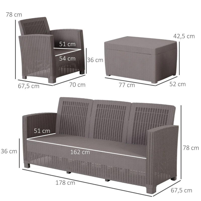 Outsunny Ensemble Salon de Jardin 5 Places Grand Confort Table Basse Rangement intégré Plastique PP Imitation rotin Noir Coussins Gris