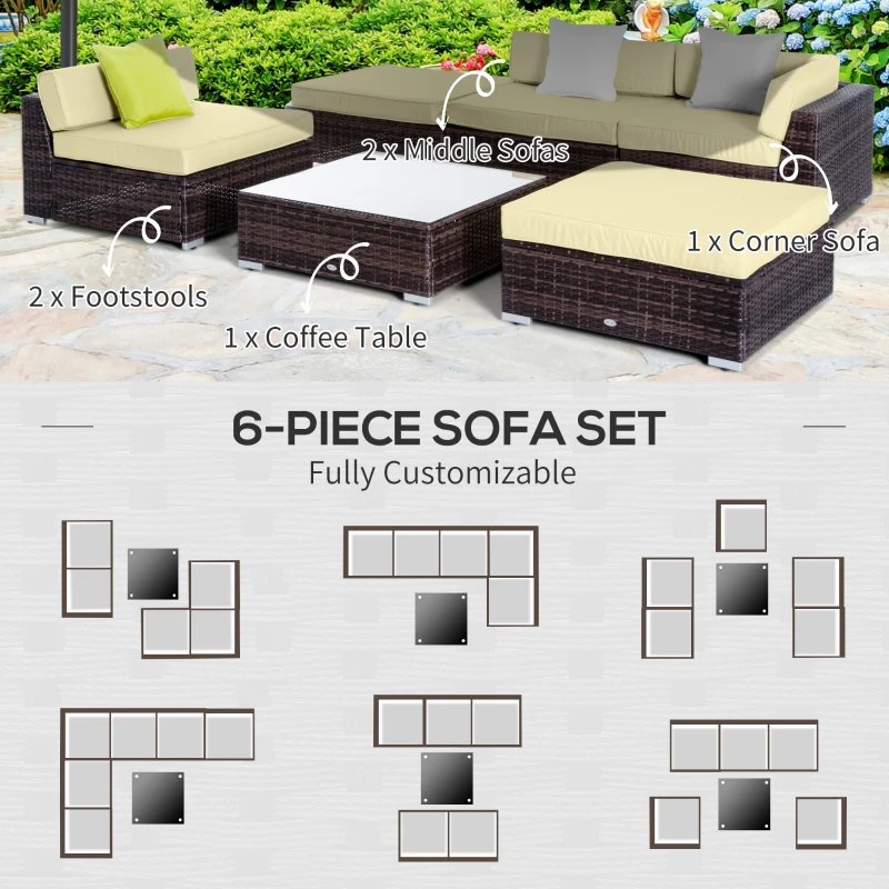 Outsunny 6 PC Rattan Sofa Coffee Table Set Sectional Wicker Weave Furniture for Garden Outdoor Conservatory w/ Pillow Cushion Brown