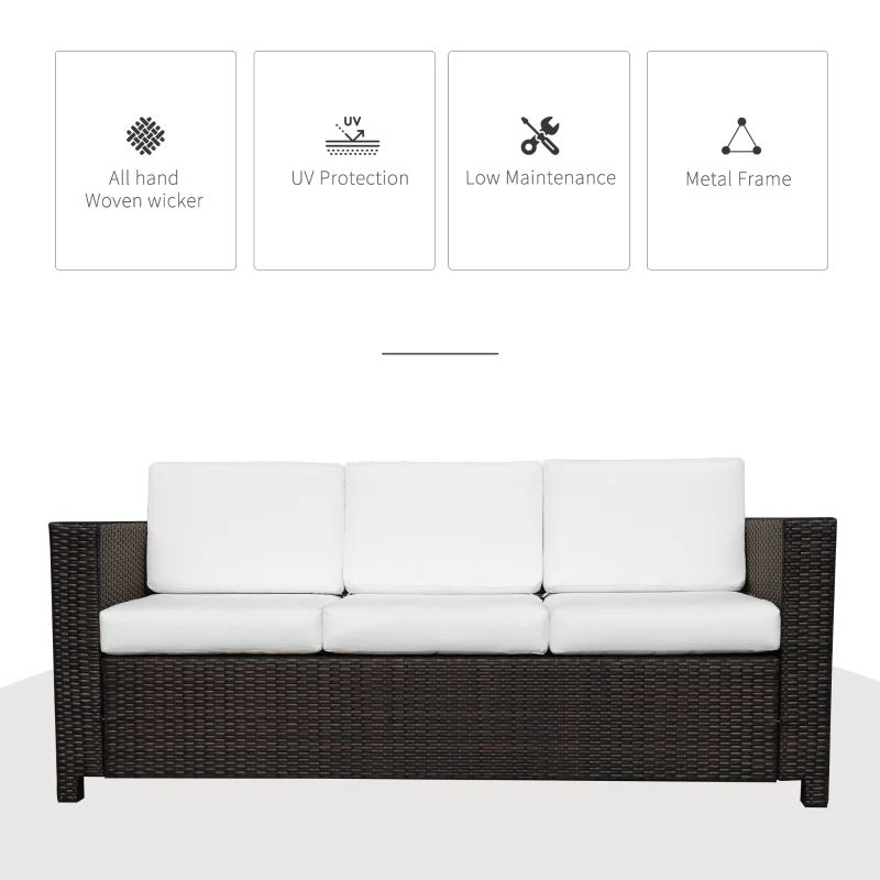 Outsunny 3 Seater Rattan Sofa All-Weather Wicker Weave Metal Frame Chair with Fire Resistant Cushion - Brown