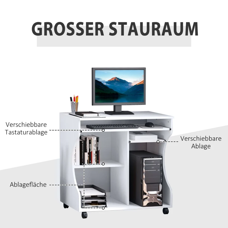 HOMCOM Schreibtisch mit Rollen 80 x 48 cm Computertisch Bürotisch mit Monitorständer, Tastaturablage, Ablage, PC Tisch für Home Office, Schlafzimmer Weiß
