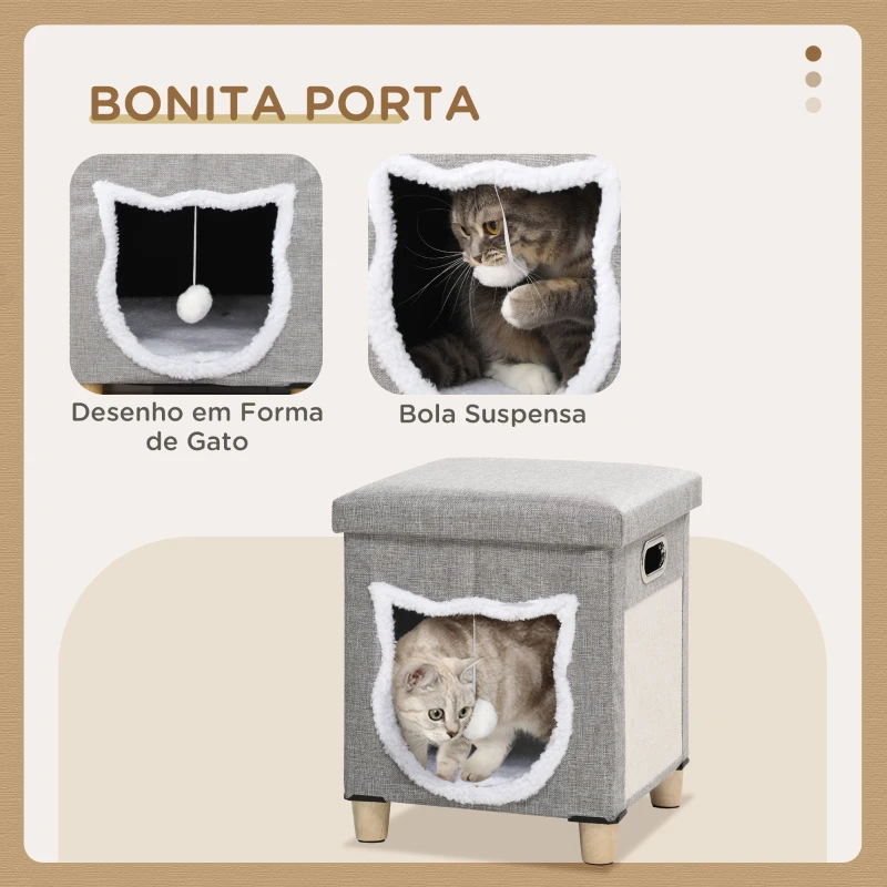 PawHut Casa para Gatos 2 em 1 com Apoio para os Pés com Almofada Amovível e Almofada para Arranhar 35,5x35,5x42,5 cm Cinza