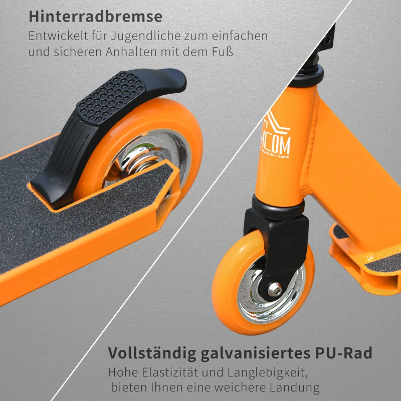 HOMCOM Stunt Scooter für Kinder über 14 Jahre alt Kick Scooter Fun Scooter mit Deck Gummigriffe Hinterradbremse ABEC-7 Kugellagern Aluminium Kunstleder Orange 68 x 46 x 84 cm