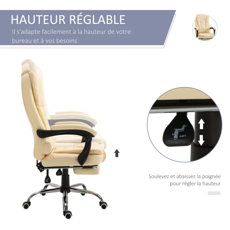 Vinsetto Fauteuil de bureau fauteuil manager grand confort dossier inclinable roulettes P.U 65 x 69 x 127 cm crème