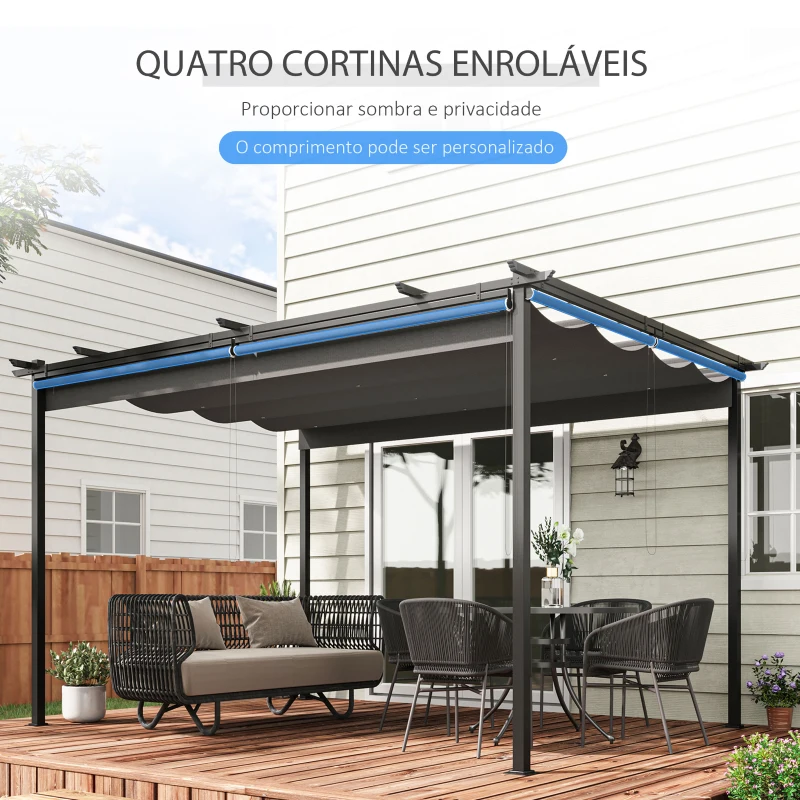 Outsunny Pérgola de Jardim com Teto Retrátil 4 Cortinas Enroláveis de Poliéster e Estrutura de Metal 3,95x2,95 cm Cinza Escuro