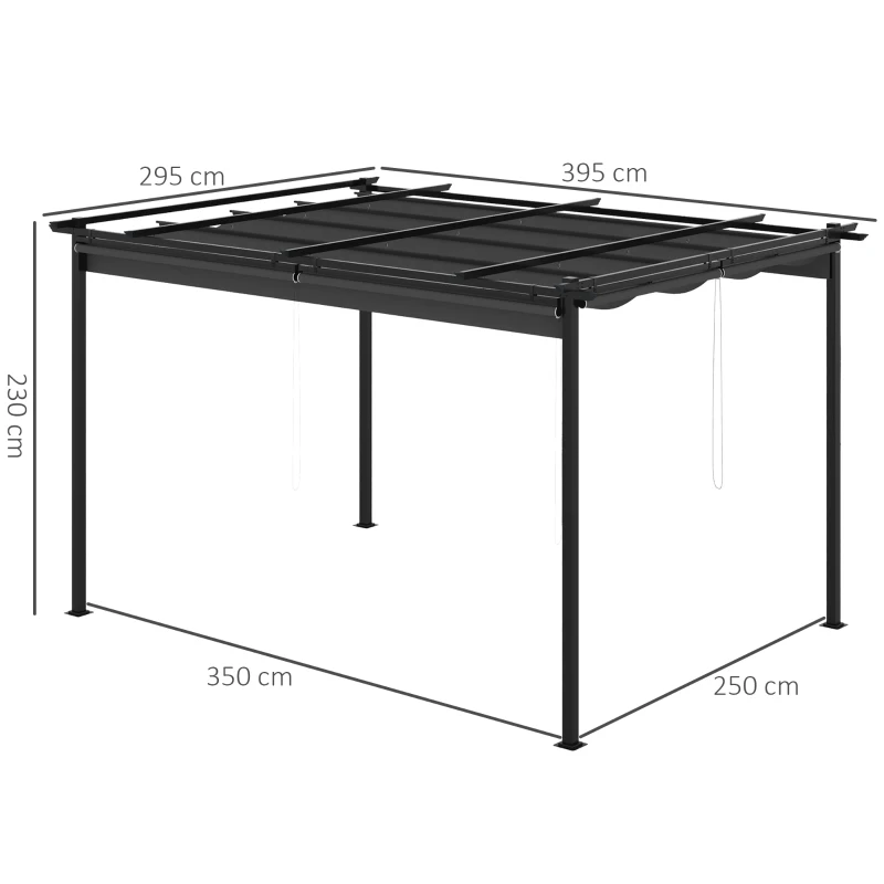 Outsunny Pérgola de Jardim com Teto Retrátil 4 Cortinas Enroláveis de Poliéster e Estrutura de Metal 3,95x2,95 cm Cinza Escuro