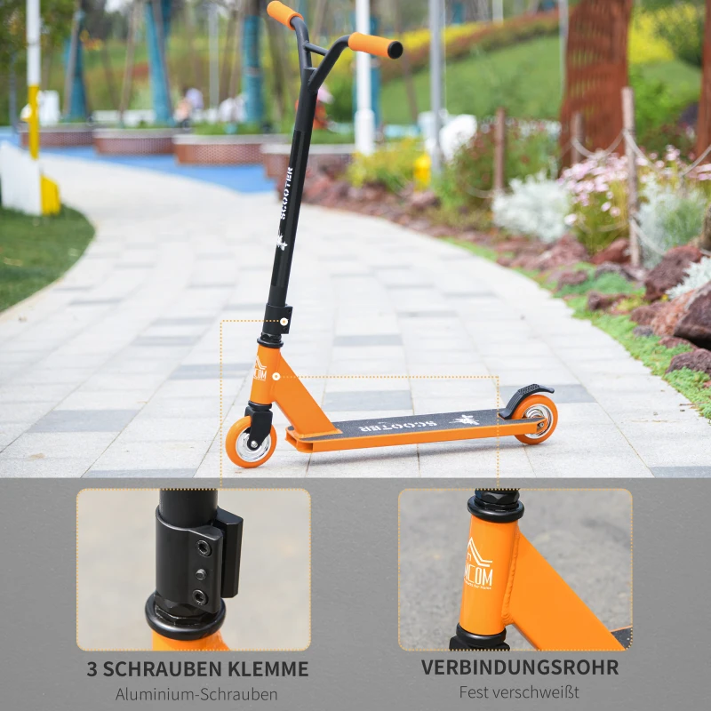 HOMCOM Stunt Scooter für Kinder über 14 Jahre alt Kick Scooter Fun Scooter mit Deck Gummigriffe Hinterradbremse ABEC-7 Kugellagern Aluminium Kunstleder Orange 68 x 46 x 84 cm