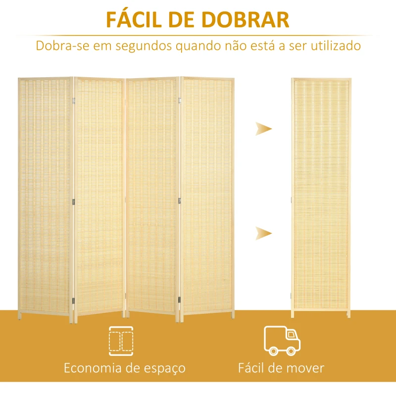 HOMCOM Biombo de 4 Painéis Dobrável Separador de Ambientes Tecido a Mão de Bambu e Fio de Algodão 180x180 cm Madeira