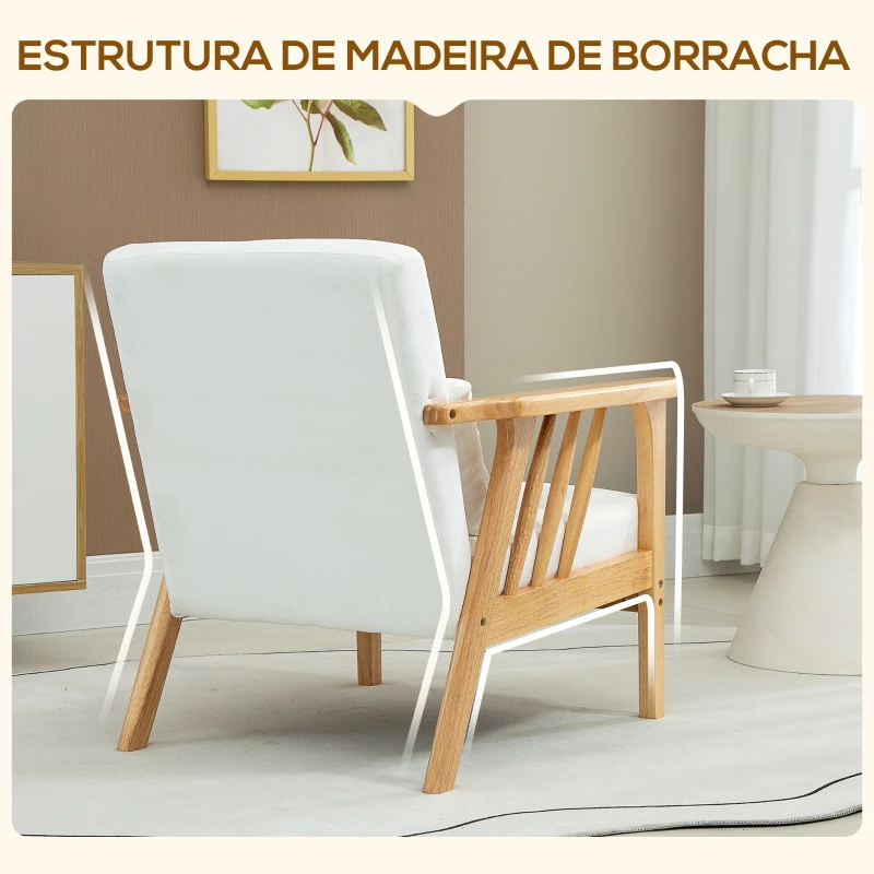 HOMCOM Poltrona de Estilo Nórdico Estofado em Veludo com Almofada e Pés de Madeira de Borracha 68x75x78 cm Creme e Madeira