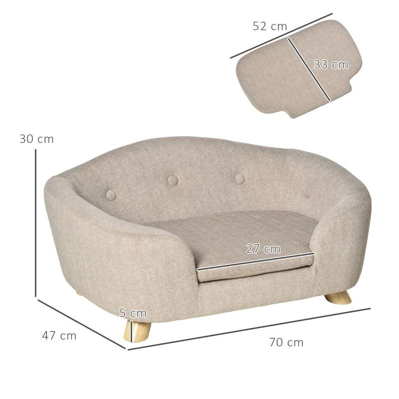Sofa dla psa PawHut mata dla psa legowisko dla psa kanapa dla psa kota z poduszką tylna kieszeń plusz pianka drewno sosnowe kolor beżowy+jasnoszary 70 x 47 x 30 cm