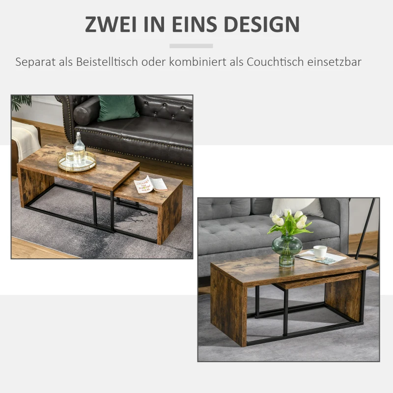 HOMCOM 2er-Set Couchtisch, Sofatisch, Beistelltisch, MDF, Metall, 90 x 48 x 42 cm/59 x 42 x 36 cm, Schwarz+Braun