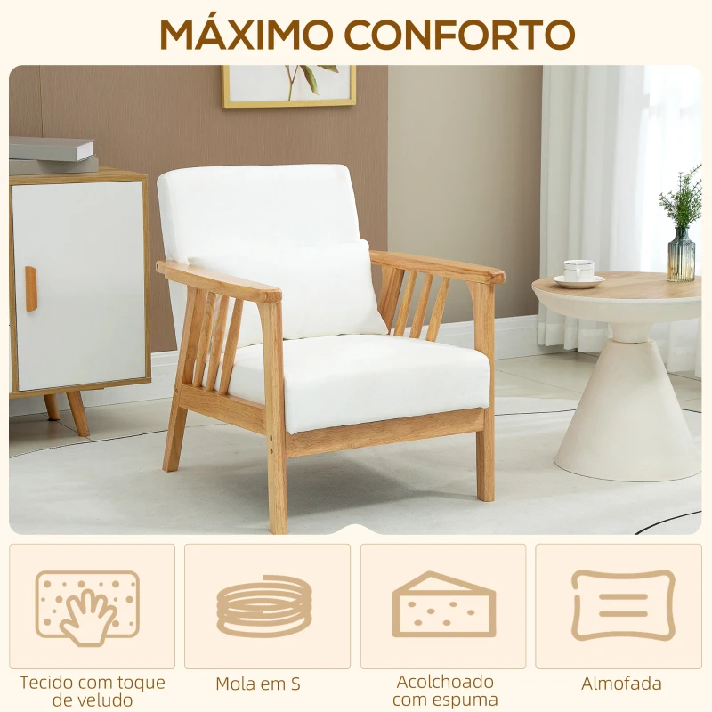 HOMCOM Poltrona de Estilo Nórdico Estofado em Veludo com Almofada e Pés de Madeira de Borracha 68x75x78 cm Creme e Madeira