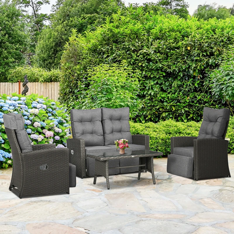 Outsunny 4 Piece Rattan Garden Furniture Sets - 4 Seater Outdoor Sofa Sectional with Wicker Sofa, Reclining Armchair, and Glass Table for Yard, Poolside, Grey