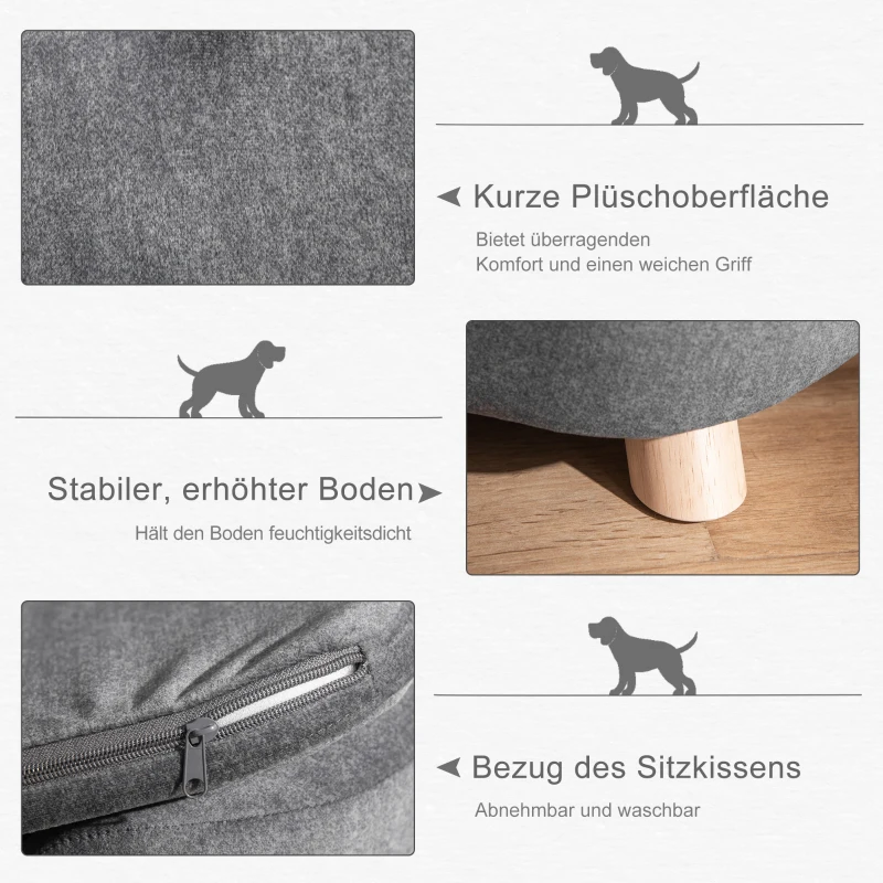 PawHut Haustiersofa Hundematte Hundebett Hundesofa Hundecouch Katzen Sofa mit Kissen Rückentasche Plüsch Schaumstoff Kiefernholz Dunkelgrau 70 x 47 x 30 cm