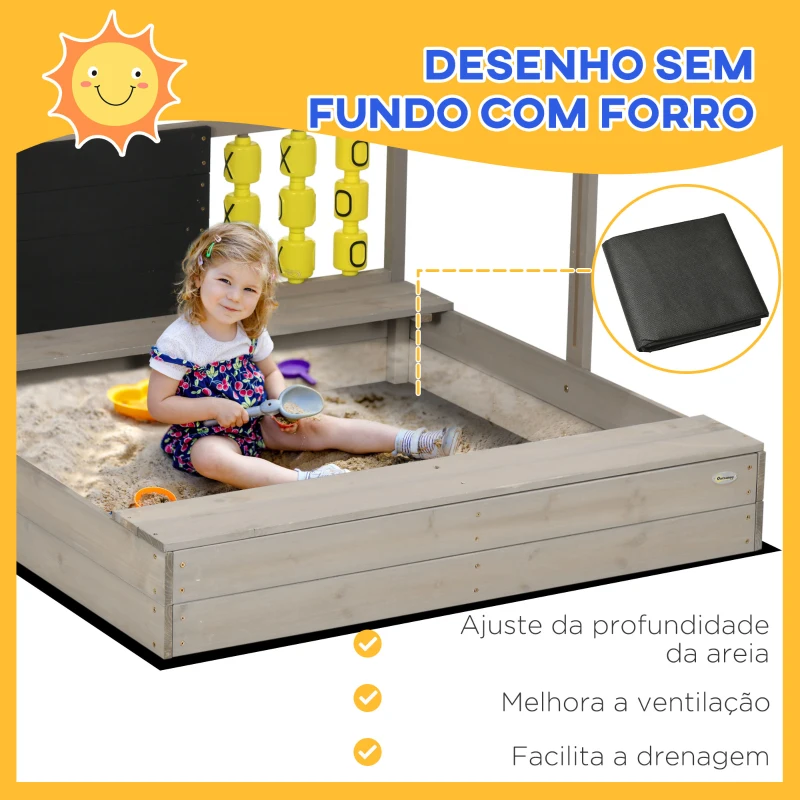 Outsunny Caixa de Areia de Madeira para Crianças com Teto Ajustável Banco de 2 Assentos Ardósia e Jogo 114x113x110 cm Madeira