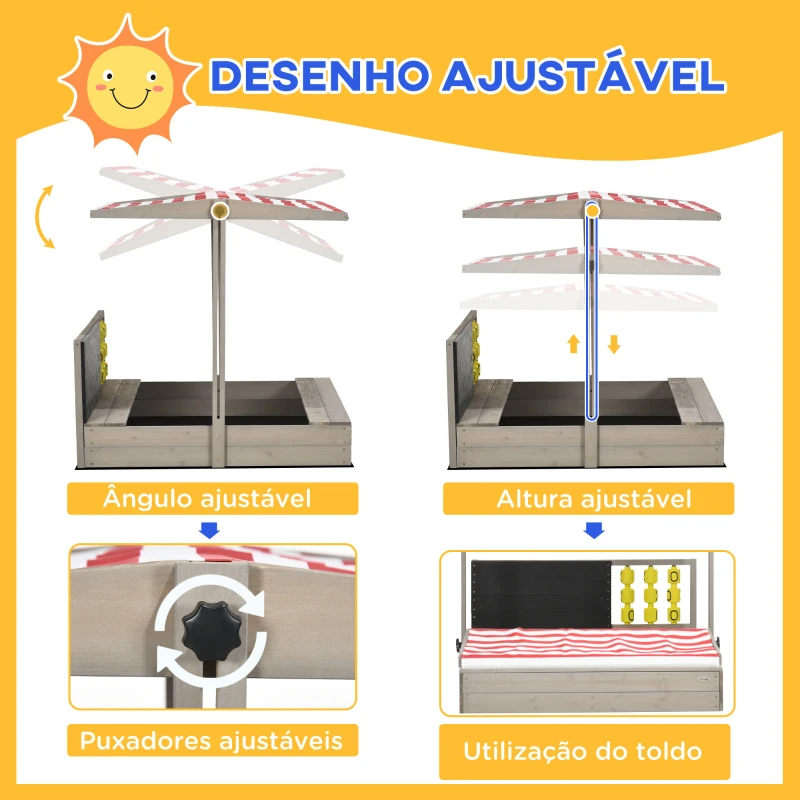 Outsunny Caixa de Areia de Madeira para Crianças com Teto Ajustável Banco de 2 Assentos Ardósia e Jogo 114x113x110 cm Madeira