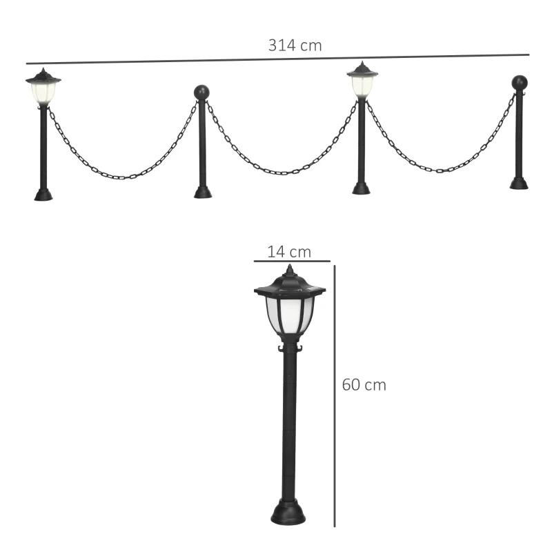 Outsunny Conjunto de Candeeiros Solar Candeeiros LED com Energia Solar Impermeabilidade IP65 Sensor de Noite  314x14x60 cm Preto