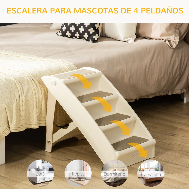 PawHut Escalón para Perros Gatos Portátil con Alfombras Antideslizantes para Cama Sofá Carga 20 kg 62x38x49,5 cm Beige