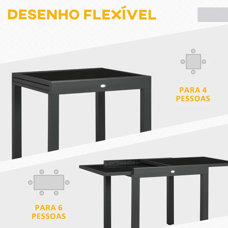 Outsunny Mesa de Jardim Extensível de Alumínio com Bancada de Vidro Temperado 160x80x75 cm Preto