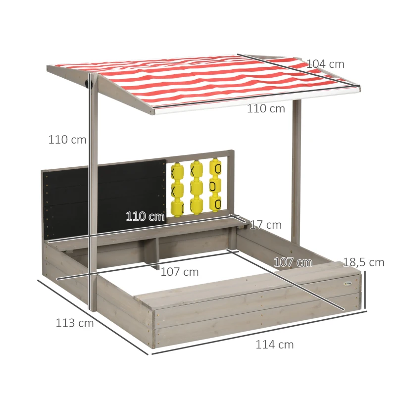 Outsunny Caixa de Areia de Madeira para Crianças com Teto Ajustável Banco de 2 Assentos Ardósia e Jogo 114x113x110 cm Madeira
