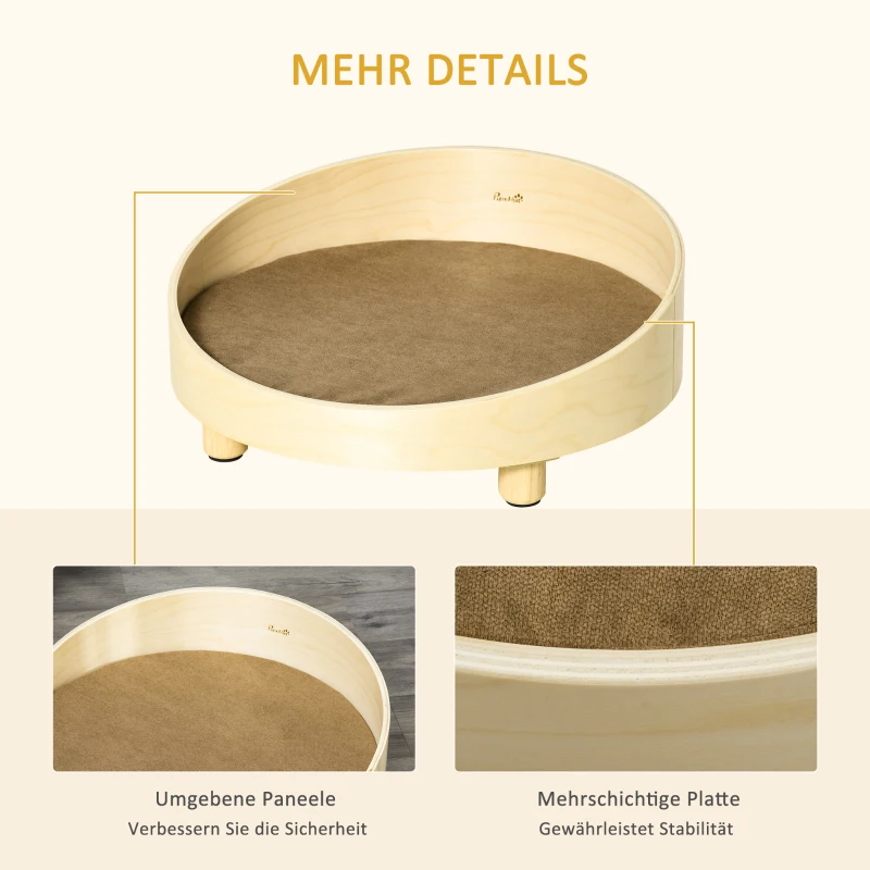 PawHut Erhöhtes Hundesofa Hundecouch mit Holzbeine, Ø59 cm Katzensofa Hundebett mit Kissen, waschbarer Bezug, Haustierbett Hundeschlafplatz für minimale Hunde, Natur+Hellbraun