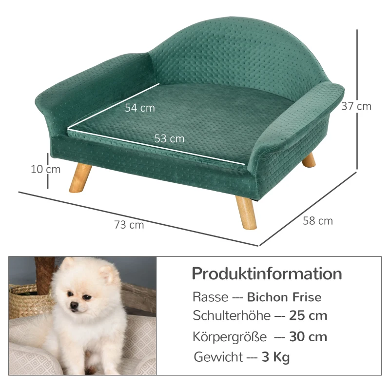 PawHut Haustiersofa Hundesofa Hundebett für Katzen Hunde mit Holländischer Samt Schaumstoff Birke Bein 73 x 58 x 37 cm Hellgrün