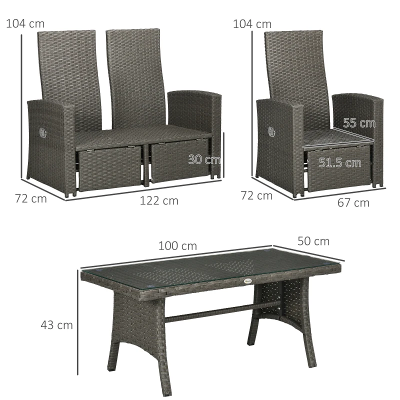 Outsunny 4 Piece Rattan Garden Furniture Sets - 4 Seater Outdoor Sofa Sectional with Wicker Sofa, Reclining Armchair, and Glass Table for Yard, Poolside, Grey