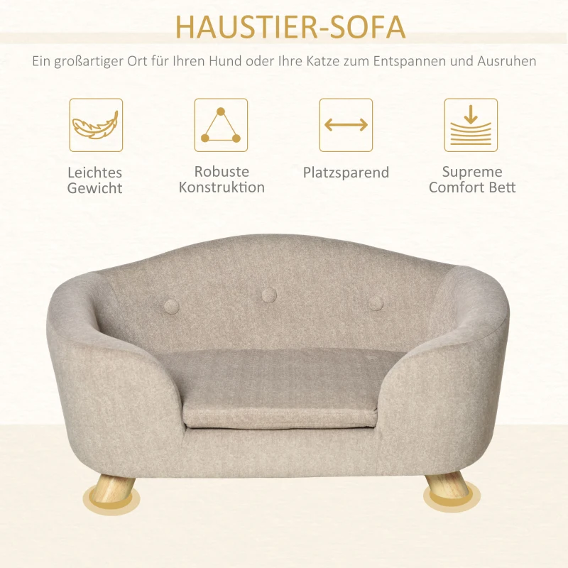 Sofa dla psa PawHut mata dla psa legowisko dla psa kanapa dla psa kota z poduszką tylna kieszeń plusz pianka drewno sosnowe kolor beżowy+jasnoszary 70 x 47 x 30 cm
