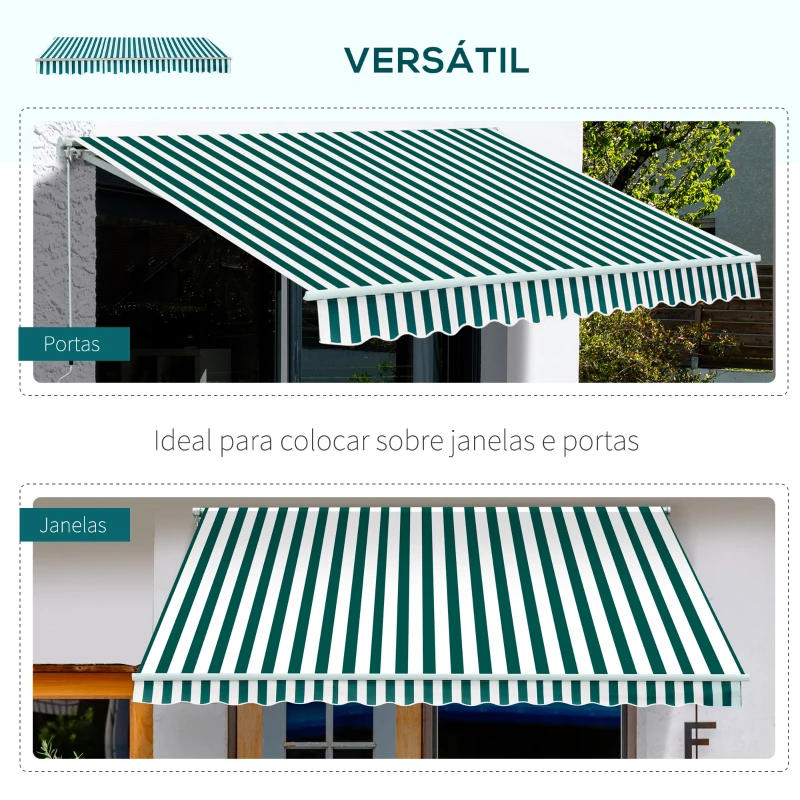 Outsunny Toldo Manual Dobrável de Alumínio Toldo para Varanda com Ângulo Ajustável e Manivela 295x250 cm Verde e Branco