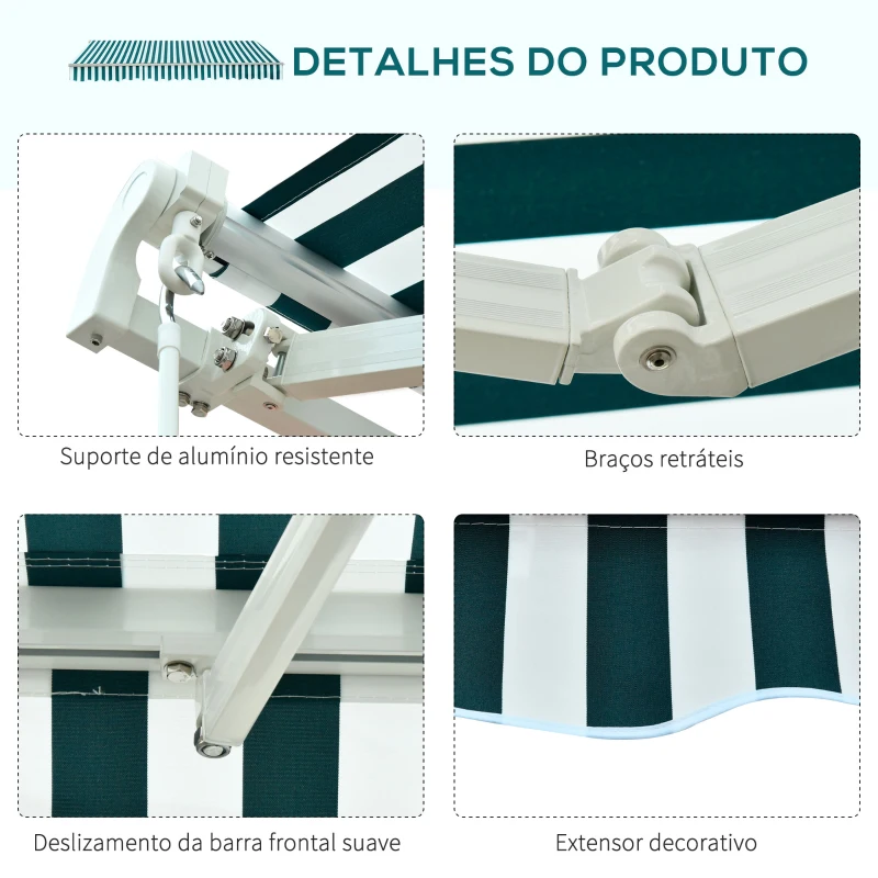 Outsunny Toldo Manual Dobrável de Alumínio Toldo para Varanda com Ângulo Ajustável e Manivela 295x250 cm Verde e Branco