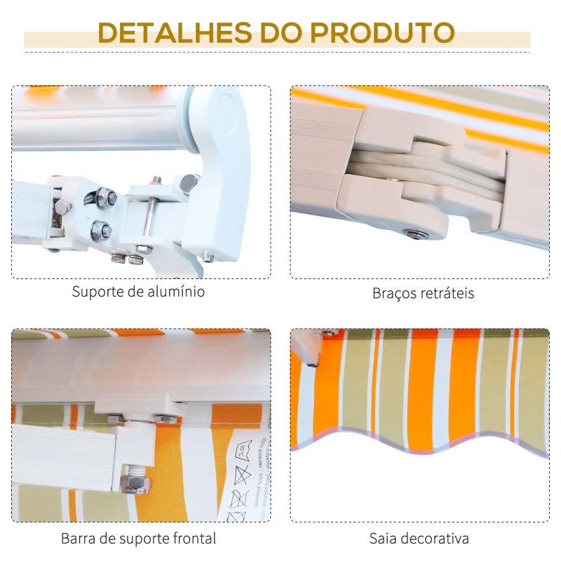 Outsunny Toldo Retrátil com Manivela Toldo de 300x200cm com Braço Articulado de Alumínio e 280 g/m² Laranja e Branco