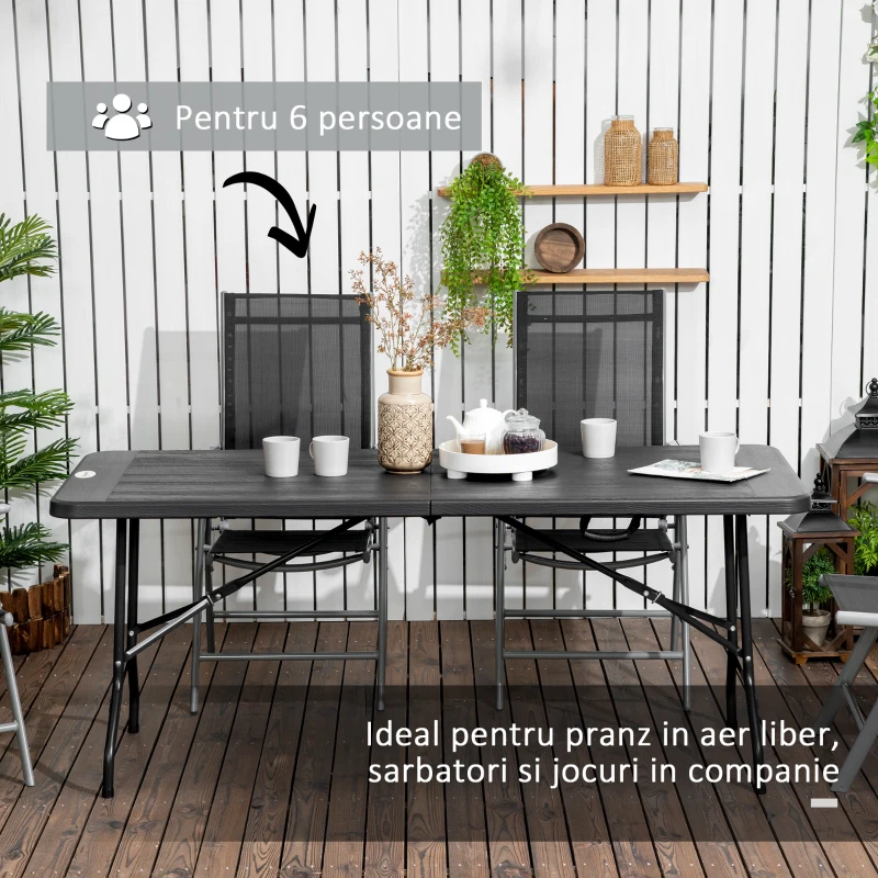 Outsunny Masă de Grădină Pliabilă pentru 6 Persoane, 180x75,5x73 cm, Gri Închis
