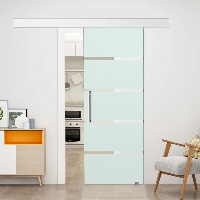 HOMCOM Schiebetür Komplettset Zimmertür 77,5 x 205 cm Wandmontage Schiebetürsystem mit Laufschiene Innentüren Komplett-Set für Schiebetüren Trennwände, Milchglas Streifen