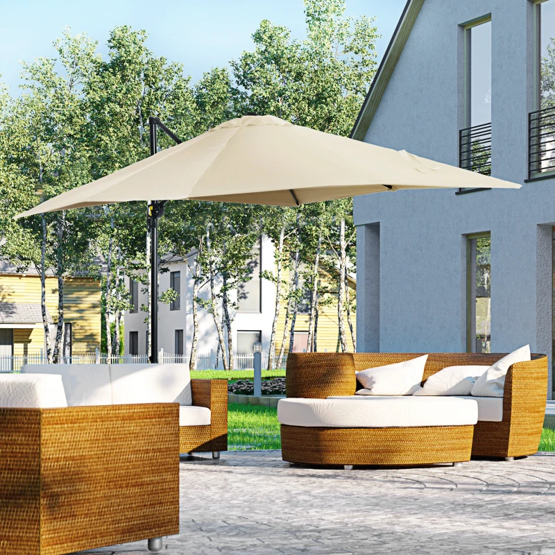 Outsunny 2.5 x 2.5m Patio Offset Parasol Umbrella Cantilever Hanging Aluminium Sun Shade Canopy Shelter 360° Rotation with Crank Handle and Cross Base, Cream White