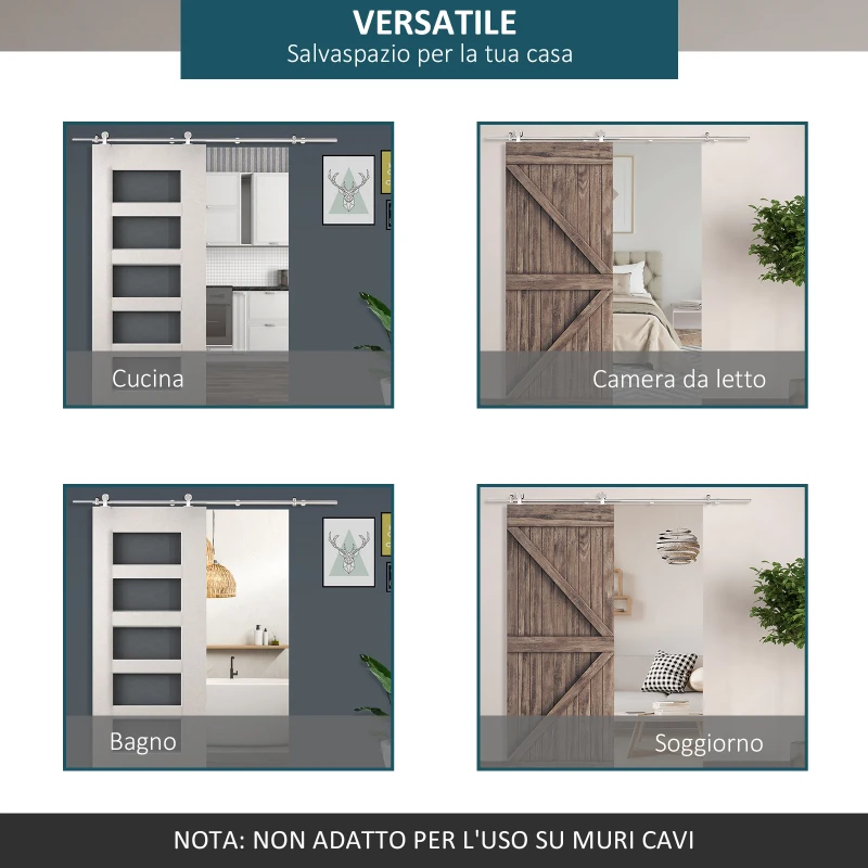 HOMCOM Kit Montaggio per Porta Scorrevole Singola da 2000mm con Binario e Accessori in Acciaio Inox per Pareti di Cemento o Legno