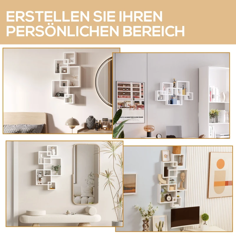 HOMCOM wandplank wandplank 5 in elkaar grijpende kubussen 9 vakken dennenhout wit