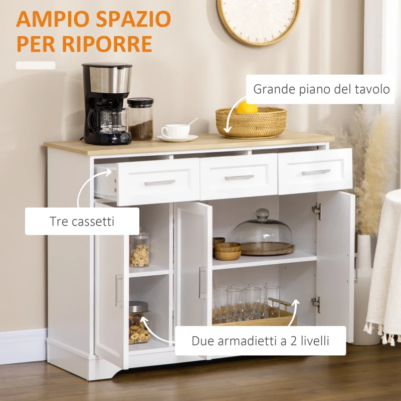 HOMCOM Credenza Moderna in MDF e Truciolato con Ripiano Regolabile, 3 Cassetti e 3 Ante, 101x39x82 cm, Bianco